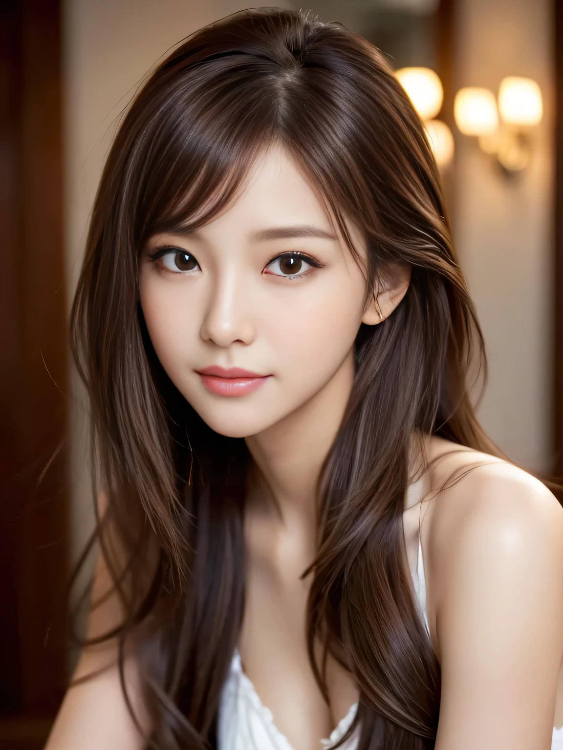 masterpiece, best quality, ultra-detailed, intricately detailed hyperdetailed, realistic, sharp features, highly detailed, sharp focus, Realistic, Photorealistic:1.3, (19 years old:1.3), perfect face, perfect symmetrically eyes, perfect full lips, hyper detailed, hyper realistic, high resolution, beautiful young Japanese woman, Slender, brown hair, Stylish, model poses, Beautiful Face, Red hair, asymmetrical bangs, (seductive smile:1.2), (looking at viewer), cinematic lighting,