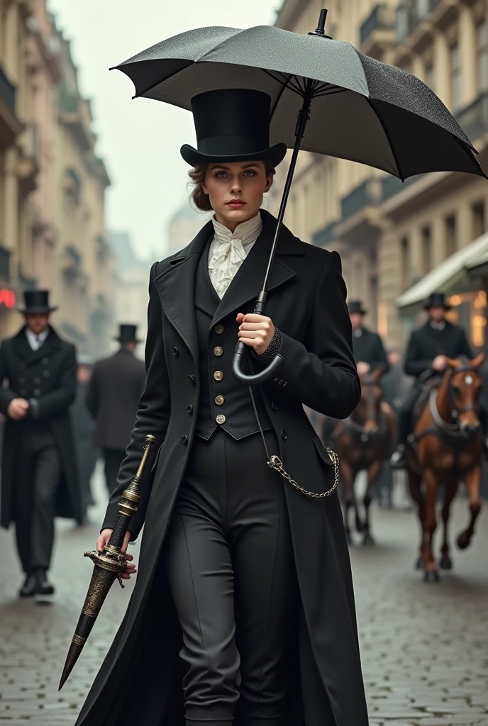 <lora:Klara_Smetanova_V1_-_SDXL:1> she is standing with a coat and hat inside a 40's jack the ripper movie and smoking a cigarette, face, eyes, nose, lips, smiling, 18th century, detailed 18th century city in background, carriages, peoples walking on the broadway, old buildings, rainy day, wet, cobblestone road,
detailed, photography, sharp focus, realistic, real, RAW, photography, photo,