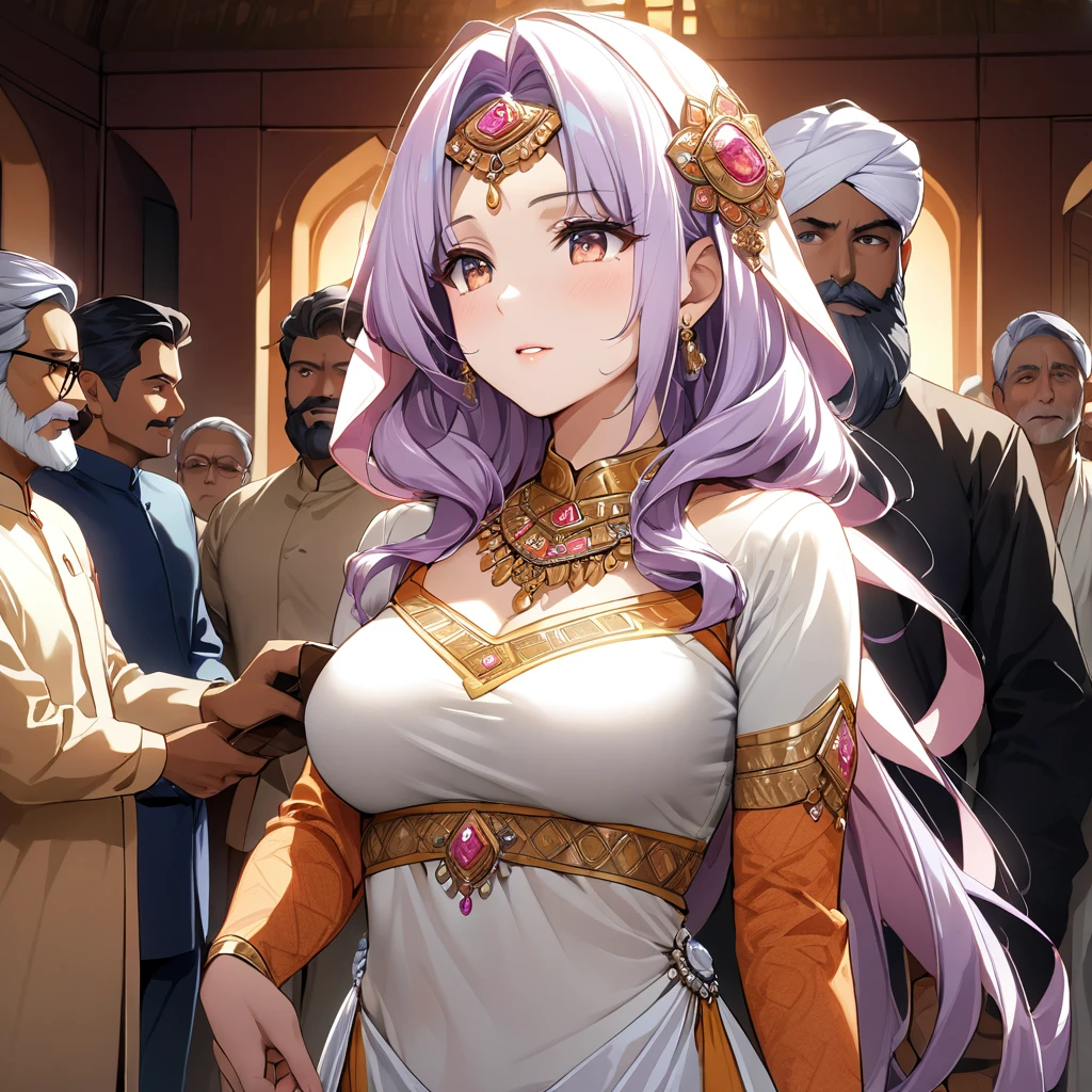 ((Highest quality)), ((masterpiece)), (detailed), （Perfect Face）、The woman has light purple hair in Extia Magica、The woman is wearing the traditional Indian dress, a sari.、The woman is getting married to a middle-aged Indian man with a beard.