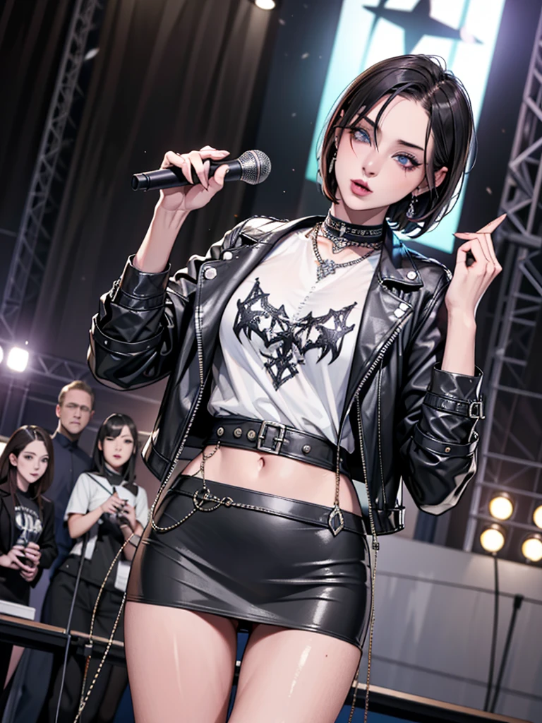 1，Black short hair，Photorealism，detailed，masterpiece， (Lean), Young Girls，Short leather skirt、Dark leather jacket，1，aldult, (Punk Girl)，Earrings、Lip Studs，Dark eyeshadow，high quality，Playing purple bass，band playing，High resolution 4K information,stage，Cold，Gorgeous lighting，Look at the lens，Black pupil