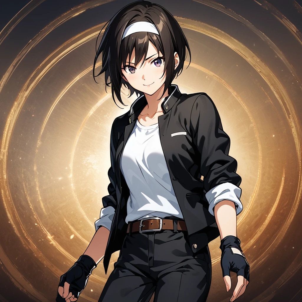 masterpiece, Highest quality, Highly detailed CG Unity 8k wallpaper, High  Girl Anime Illustration. Her outfit is（（black jacket with sleeves rolled up））,Fingerless gloves,White T-shirt, （（White headband））,Black trousers,White shoes,Please wear a brown belt, Point the index fingers of both hands, she has her eyes closed and mouth open, smile. Black Hair, black eye, twins, Bokeh Photo, (Soft Focus):1.2, Out of focus highlights, Dreamy atmosphere, Glowing circle, Fascinating Depth, The background is a realistic landscape
