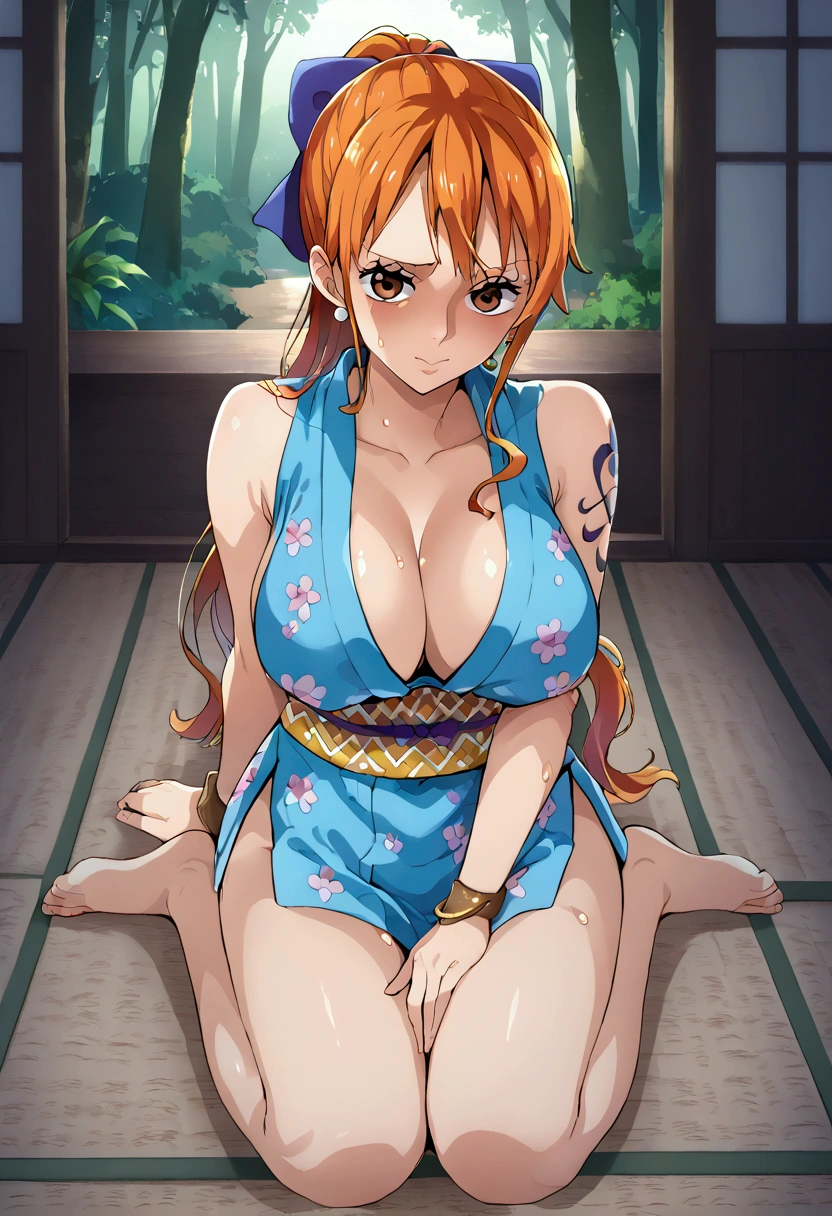 Outdoor、one piece、Nami、Short pigtails、Light blue sleeveless kimono、Cleavage、Areola、Underarm、Sweaty、blush、stand、Big Breasts、Spread your legs、Obscene pubic hair、Show off your pussy