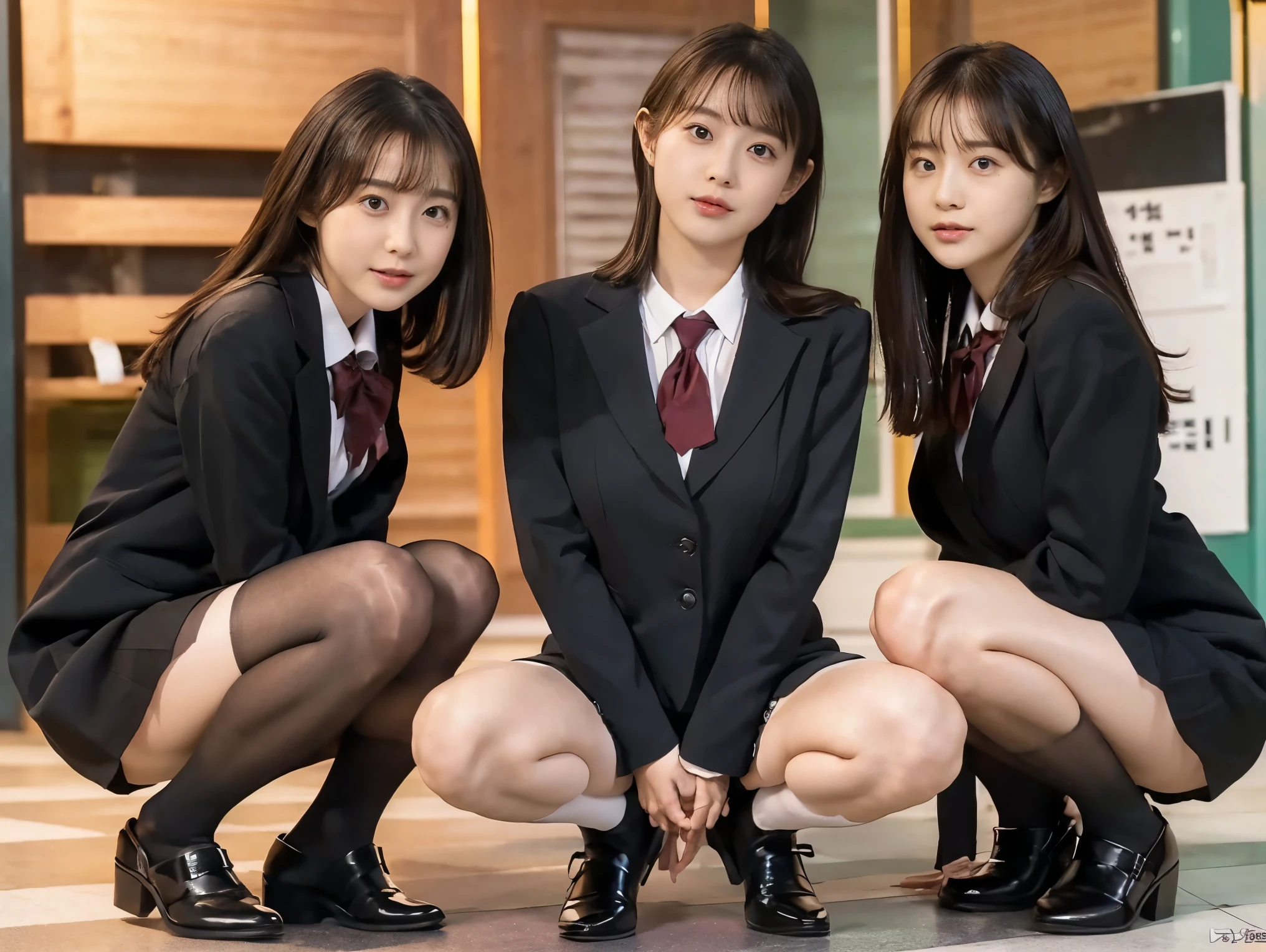 (spread legs with squatting pose:1.3), (from lower angle: 1.4), masterpiece, Tongue out, (realistic photo:1.2), (Highly detailed face and skin texture :1.3), (Ultra Detailed eyes: 1.3), best quality, (looks very young:1.3), (multiple, korean 3 girls:1.4), black hair,(black pantyhose:1.3), (school uniforms:1.2), nipples, (open legs :1.3), (micro smooth and beautiful thighs:1.3), (exposed pussy:1.4), (exposed thighs:1.4), (exposed breasts:1.4),(top less:1.1), hairy_pussy, looking toward viewer,in school