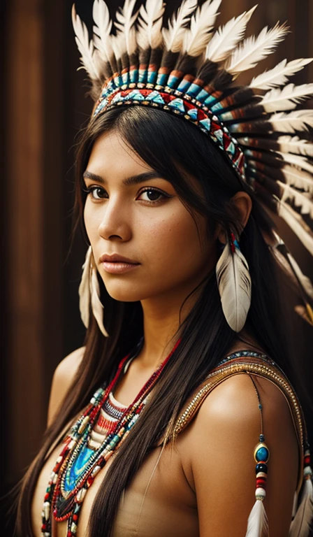 Front view of a Native American woman, woman with feather headdress, looking at the photo, rosto de frente, high quality image, 4k resolution, very detailed.