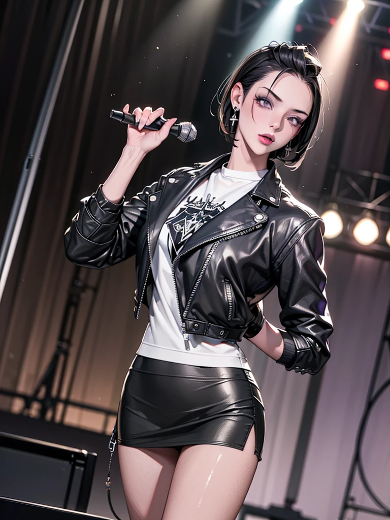 1，Black short hair，Photorealism，detailed，masterpiece， (Lean), Young Girls，Short leather skirt、Dark leather jacket，1，aldult, (Punk Girl)，Earrings、Lip Studs，Dark eyeshadow，high quality，Playing purple bass，band playing，High resolution 4K information,stage，Cold，Gorgeous lighting，Look at the lens，Black pupil