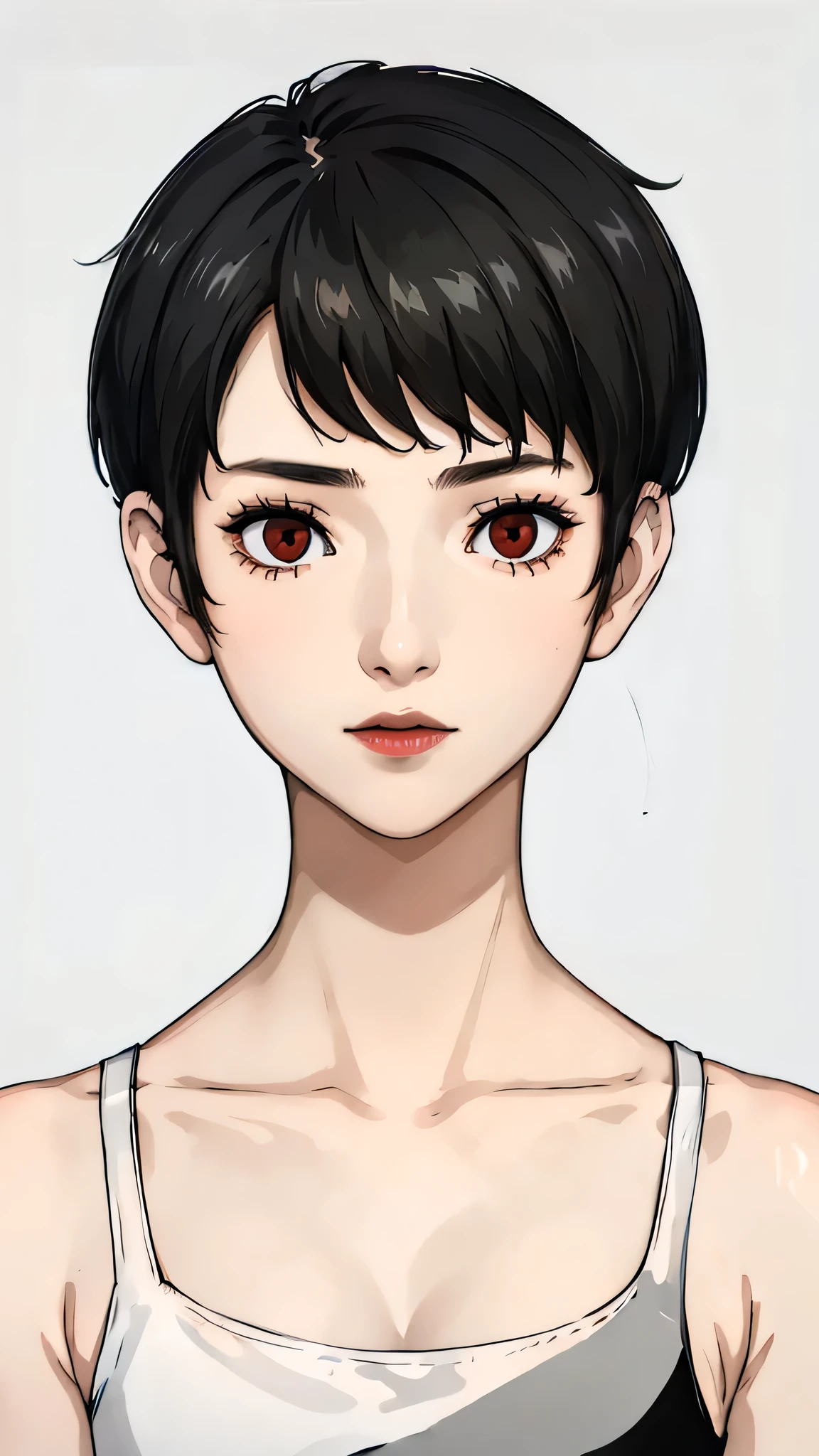 1 girl, very Short hair, tomboy Pixie haircut, bangs,black hair, red eyes, black lipstick, black choker, face portrait, tank top , front face, white background, front face, face portrait, front face portrait, front face helper