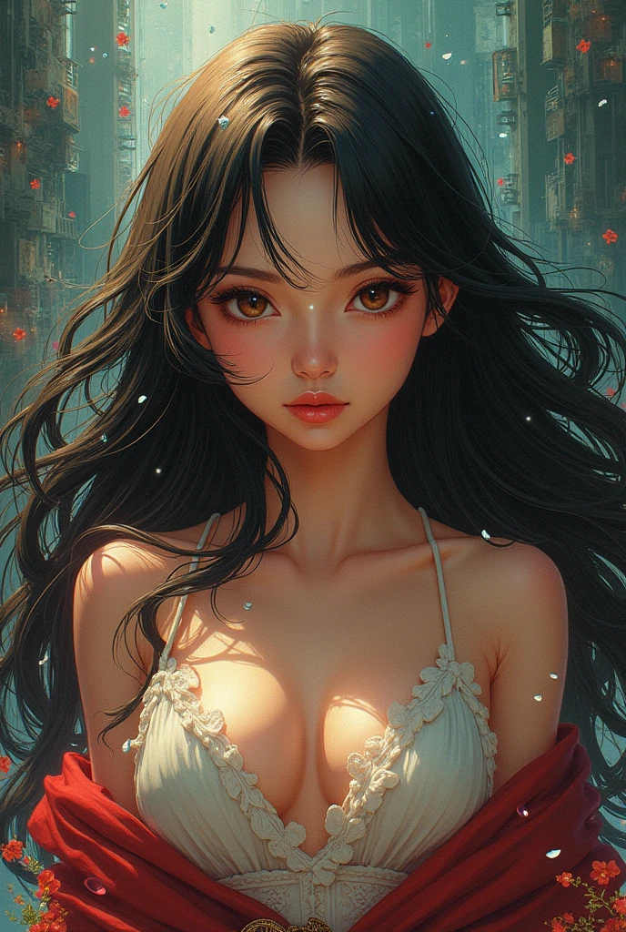 best quality, photorealistic, 8k, high resolution, 1 girl, woman, (skindentation), (portrait: 0.6), beautiful, ((white background: 1.87)), ((tight bra, big breasts: 1, 56)), (medium wavy black hair, parted bangs: 1.6), leering, (1 girl eyes looking at viewer: 1.6), photorealistic, (bokeh), (floating hair, lips, open mouth: 1.43), beautiful, pureerosface_v1:1, --auto --s2