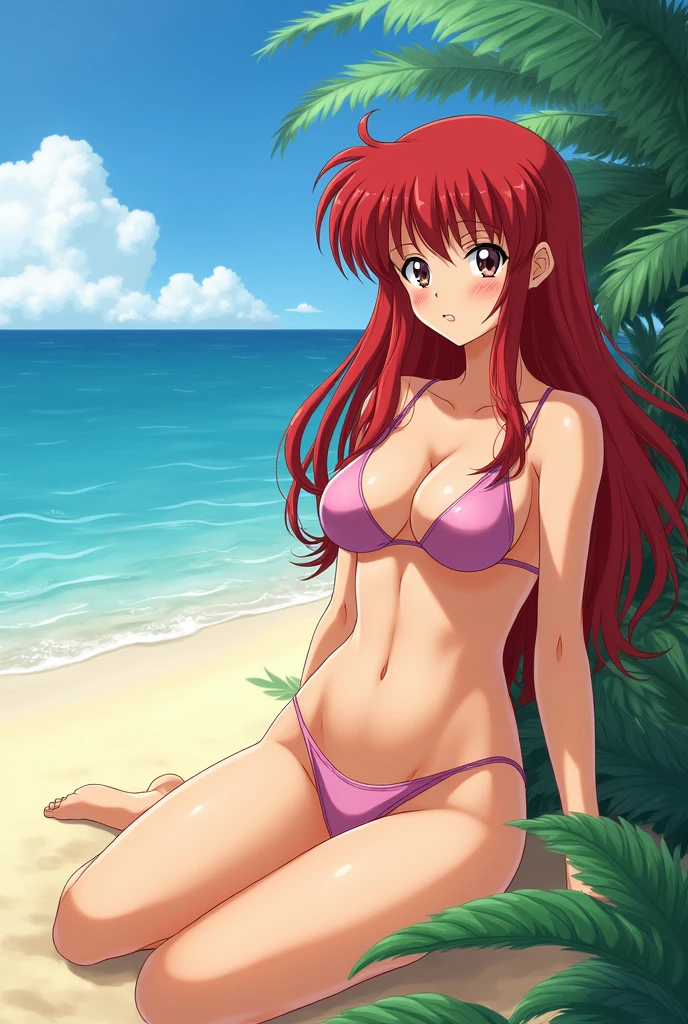 masterpiece, top-quality, Hi-Res, animesque, lacus4, 1girl in, 独奏, length hair, ((White Bikini:1.2)), hair adornments, A pink-haired, blue eyess, A smile, Blushing cheeks, large full breasts, cleavage of the breast, Tropical Beach, squinted, looking at the viewers, sexy pose, The upper part of the body, portraitures