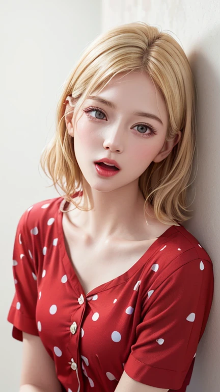 (highest quality、8k、32k、masterpiece)、(Realistic)、(Realistic:1.2)、(High resolution)、Very detailed、Very beautiful face and eyes、1 girl、Round and small face、Tight waist、Delicate body、(close、highest quality、Attention to detail、Rich skin detail)、(highest quality、8k、Oil paint:1.2)、(Realistic、Realistic:1.37)、Bright colors、(((blonde)))、(((Bust Shot)))、(((Medium Hair)))、(((Loose and fluffy perm)))、(((Pure white wall background)))、(((Pure white wall background)))、(((Red pajamas、Short sleeve)))、(((Sleepy look)))、(((Hide your mouth with your left hand)))、(((Yawning)))、(((Blonde)))、(((Polka dot pajamas)))、(((Red pajamas)))、(((Clothes with red polka dots)))