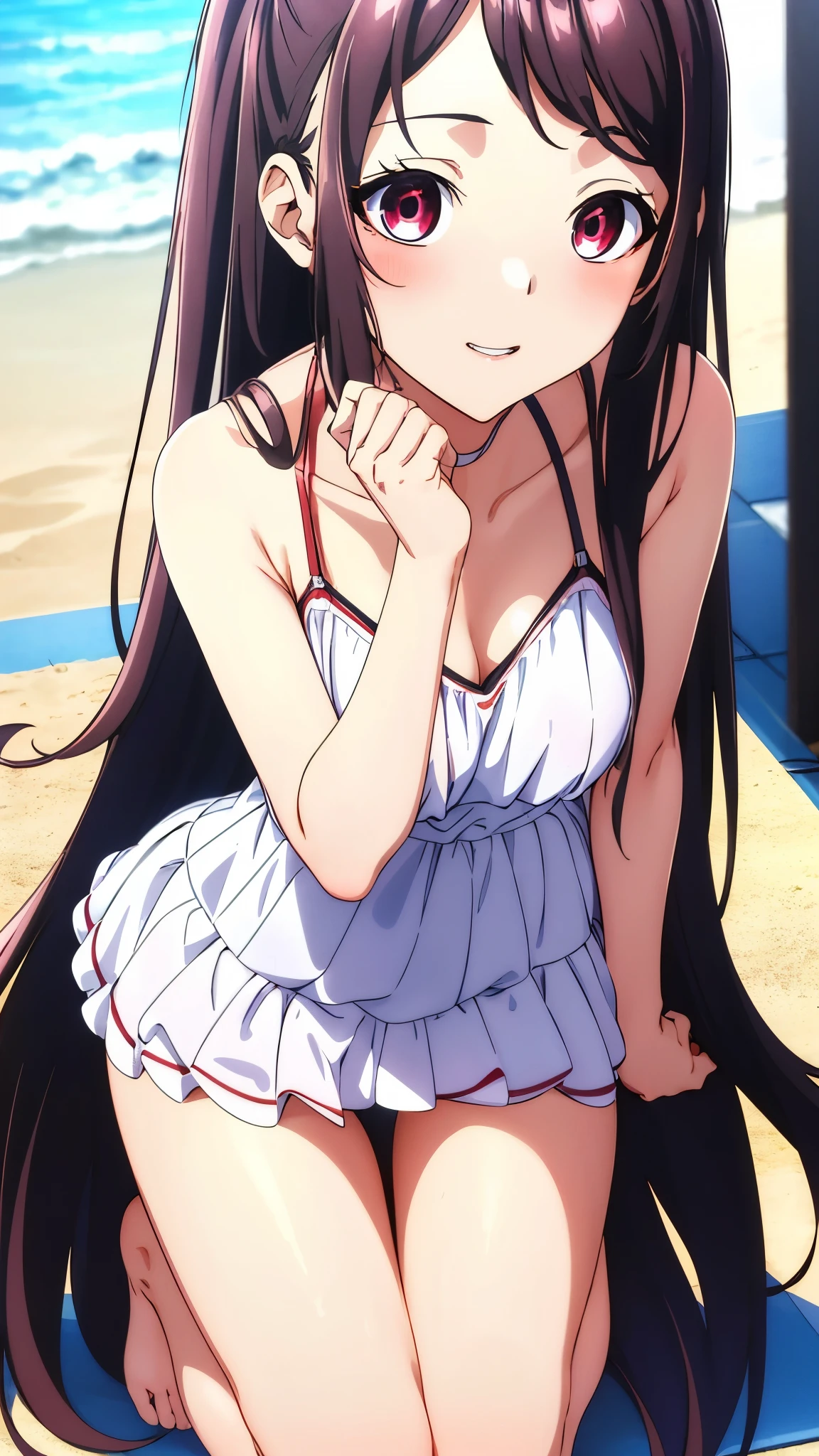 Kaori Hojo, girl, (masterpiece: 1.1), (Highest quality: 1.1), Red eyes, Long Hair, Cute Smile, blush, Lips parted,(Layered Dresses), barefoot, Beachside, (Accurate fingertips, Browse 4, Thumb 1), ((Sexy pose:1.2, View your viewers:1.1)), (close:1.3), gravure,