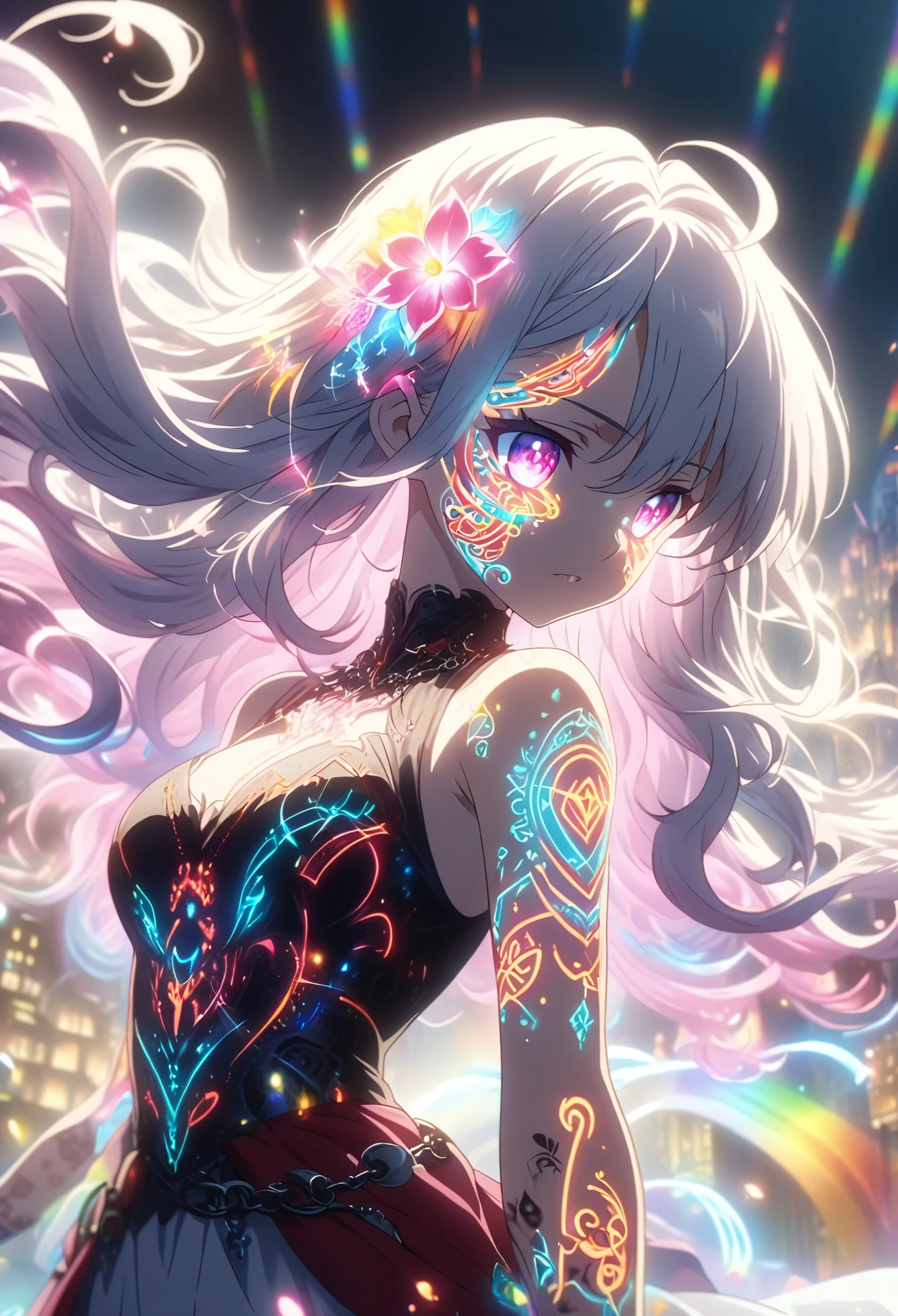 Anime screenshot, artistic illustration of a female anime character with glowing neon flower and chain tattoos decorated in a spiral pattern all over her face and body. The tattoo on the arm is mixed with white and red, rainbow and white light, emitting neon light. With flowing hair, this scene has a fantastic soft-focus effect, highlighting the magical glow of the tattoo. The background is a dark building.