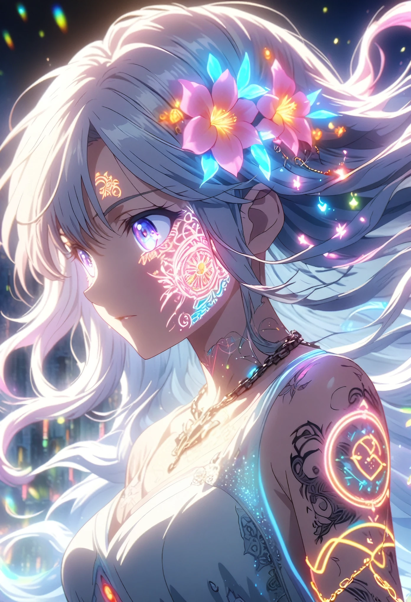 Anime screenshot, artistic illustration of a female anime character with glowing neon flower and chain tattoos decorated in a spiral pattern all over her face and body. The tattoo on the arm is mixed with white and red, rainbow and white light, emitting neon light. With flowing hair, this scene has a fantastic soft-focus effect, highlighting the magical glow of the tattoo. The background is a dark building.