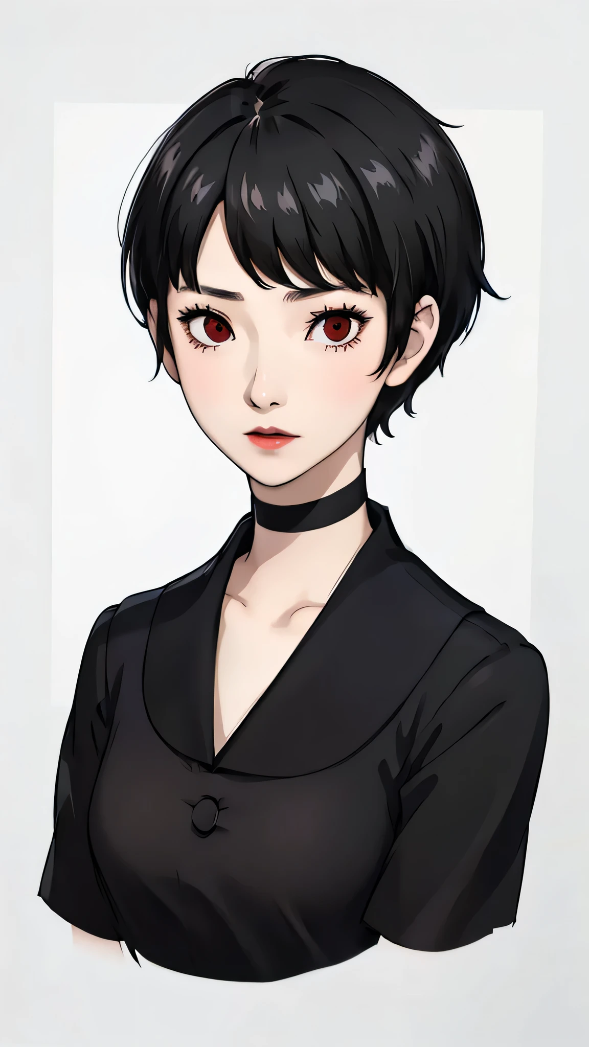 1 girl, very Short hair, tomboy Pixie haircut, bangs,black hair, red eyes, black lipstick, black choker, face portrait, schooluniform , front face, white background, front face, face portrait, front face portrait, front face helper