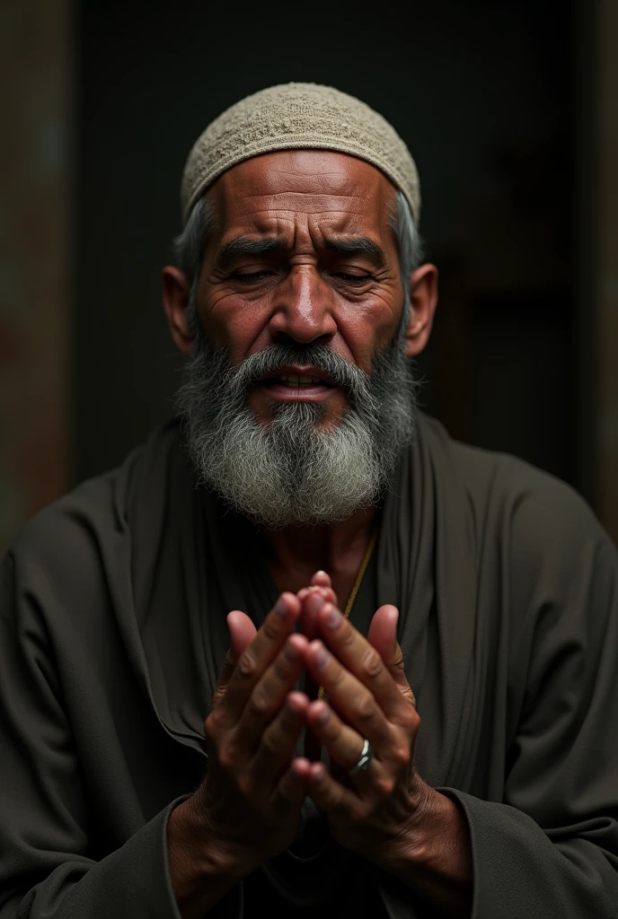 The image is a portrait of a middle-aged Muslim sitting at a table with his eyes closed and his hands clasped together in prayer. He is wearing a white cap and a blue shirt with small white polka dots. The background is dark and the lighting is dim, creating a moody atmosphere. The man appears to be deep in thought, with a serious expression on his face. The overall mood of the image is somber and contemplative.
