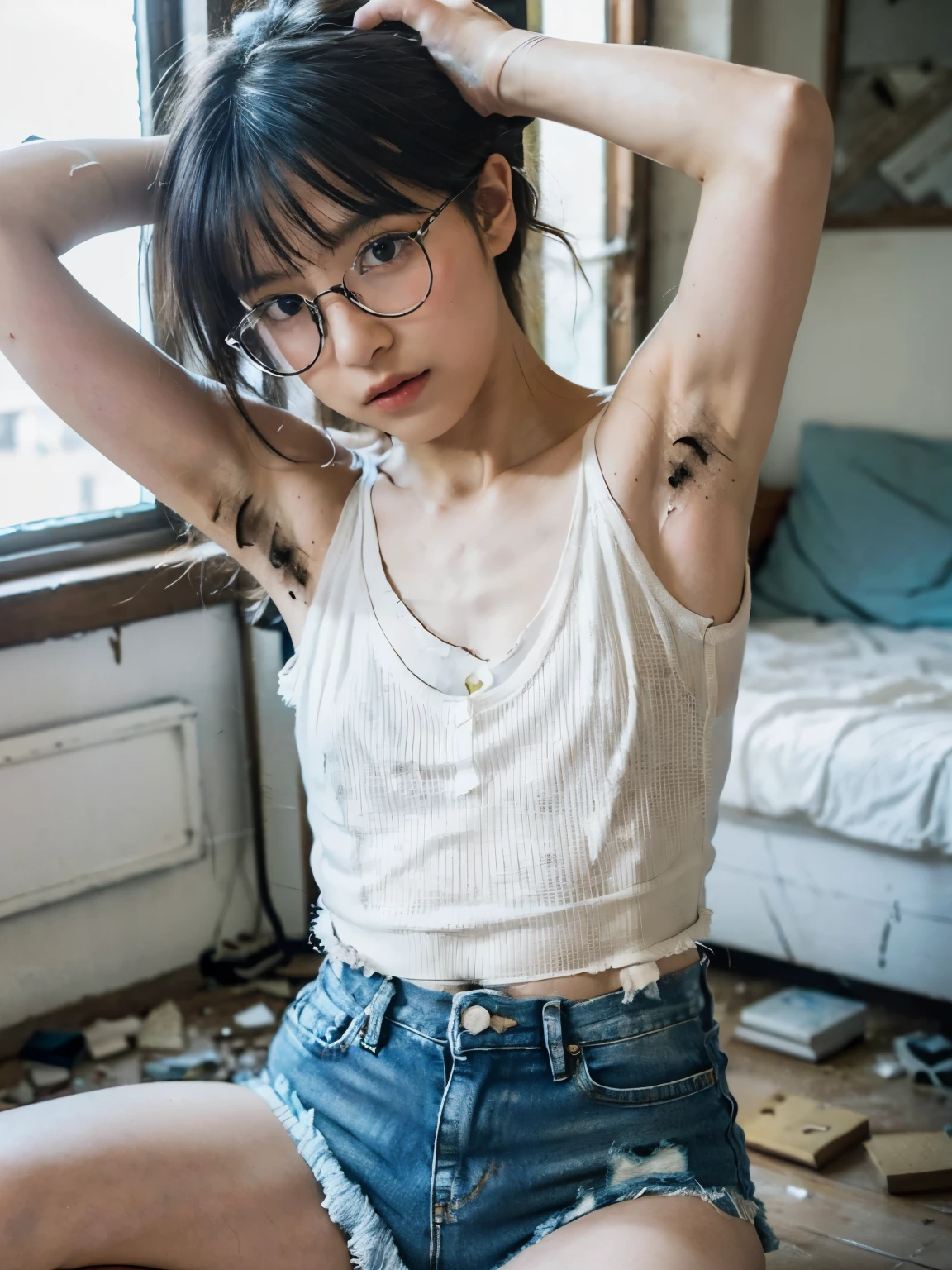 raw photo, 8k, (top-quality), Realistic, (real picture, Intricate details), (natural skin texture, detailed skin, hyper realism, sharpness), Japanese age glasses girl sitting, (hands behind head, armpits exposed), ((dirty tattered white tank-top, dirty tattered denim short shorts)), (sneakers), (((Small chest:1.3))), skinny body, pale skin, navels exposed, glasses, tattoo, (messy hair, bangs), girl in an abandoned apartment building, Room being demolished, dusty room, cracked wall, Messy floor, Pile of rubble:1.3, broken window, tattered curtains, cracked Window glass, (Tattered teddy bear), The ruined city is visible outside the window, Full body shot, xtrhairy2