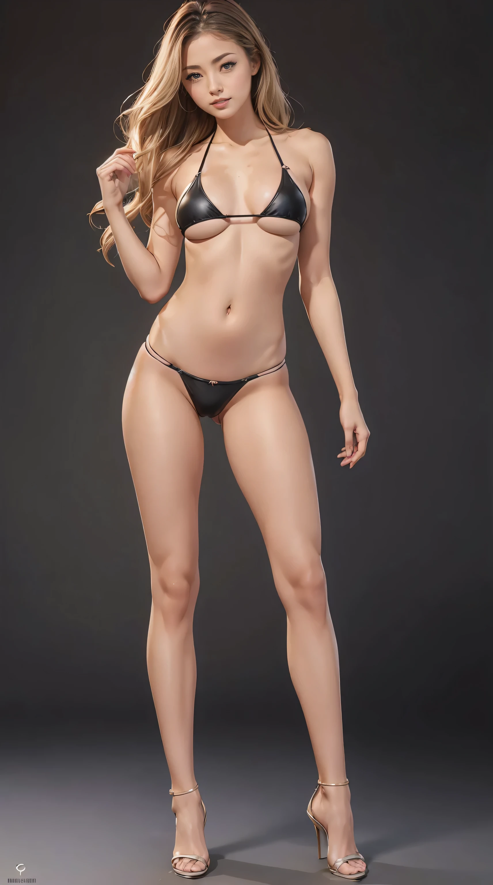 ((Highest quality))、(Full body angle:1.5),(One beautiful woman:1.8),1 female、Hair color is dark blonde、Hair is wavy、Long Hair、Slender、Laughter、Beautiful breasts、My abs are ripped、I can see my belly button、Black Leather Bikini 1.8,Ultra Micro Bikini 1.8,Shallow panties above the crotch:1.9、I&#39;m wearing stiletto heels、Cute Japanese、Gal、Long, slender legs:1.8,Calves are thin and long:1.8,Thin ankles:1.8,Thick thighs,Tall:1.3,Narrow waist:1.3,