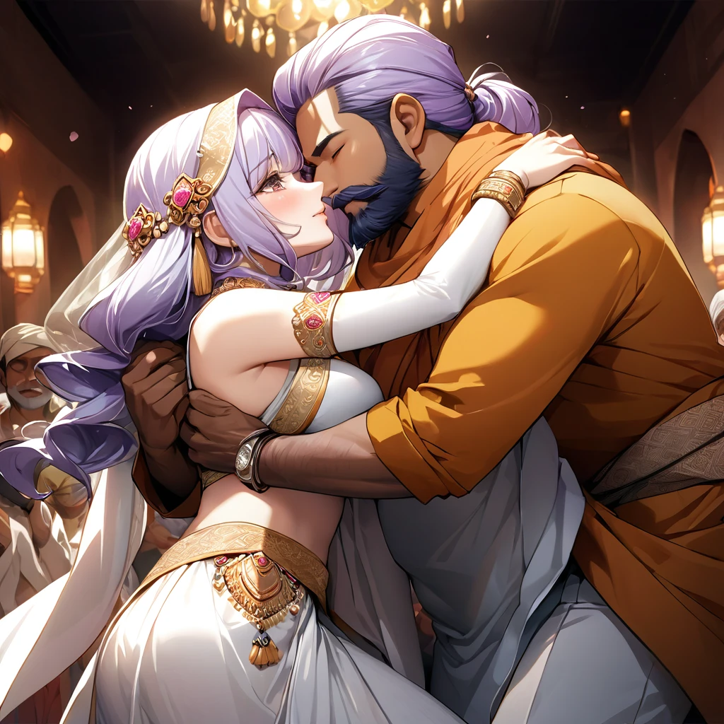 ((Highest quality)), ((masterpiece)), (detailed), （Perfect Face）、The woman has light purple hair in Extia Magica、The woman is wearing the traditional Indian dress, a sari.、The woman is embracing and kissing a middle-aged Indian man with a beard in their wedding ceremony.