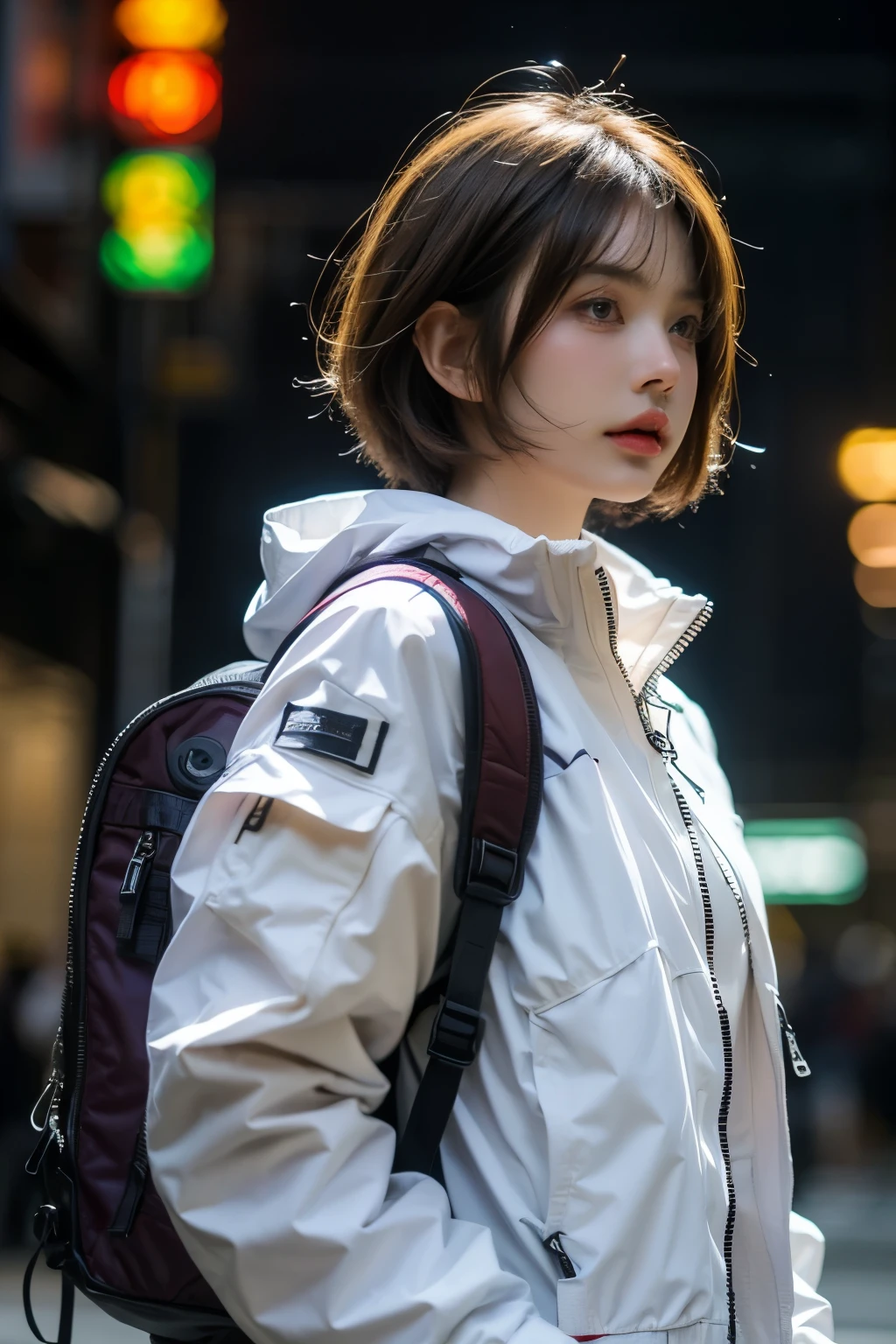 (front view:1.4), close-up portrait, (1girl:1.5), , solo, spacesuit, bangs, brown(short hair:1.2), bag, blurry_background, purple neon light, backpack, zipper, urban techwear, outfit, 