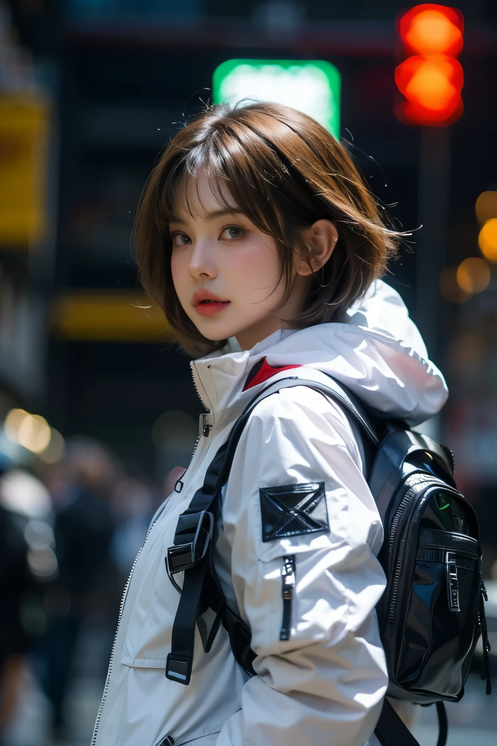 (front view:1.4), close-up portrait, (1girl:1.5), , solo, spacesuit, bangs, brown(short hair:1.2), bag, blurry_background, purple neon light, backpack, zipper, urban techwear, outfit, 