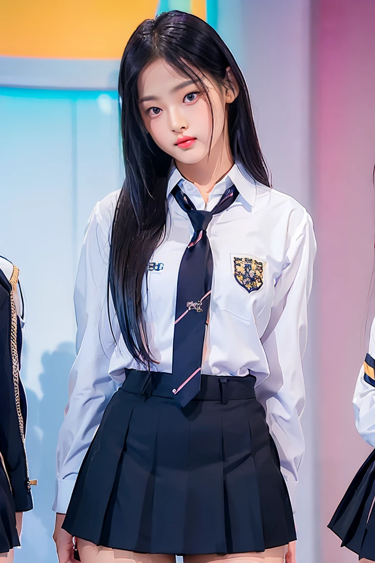 A fair-skinned young lady, wearing a white school uniform with a necktie, a mini black skirt showcasing her beautiful thighs 