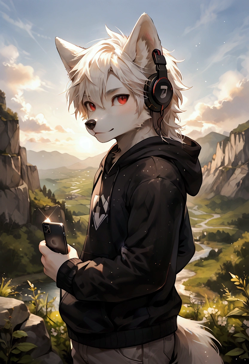 furry, masterpiece, high quality, absurd resolution, digital painting \(artwork\),soft lighting, solo, (humanoid male wolf), (white body), white hair short, fluffy, sunlight, side view, panoramic, portrait, looking at viewer, focus on character. (detailed backdrops, amazing backdrops), outdoor, landscape, light particles
furry, wolf, male,
Wolf boy, Adorable, red eyes, Fluffy white fur, white hair, slim, Skinny, black hoodie, wearing headphones, holding smartphone
