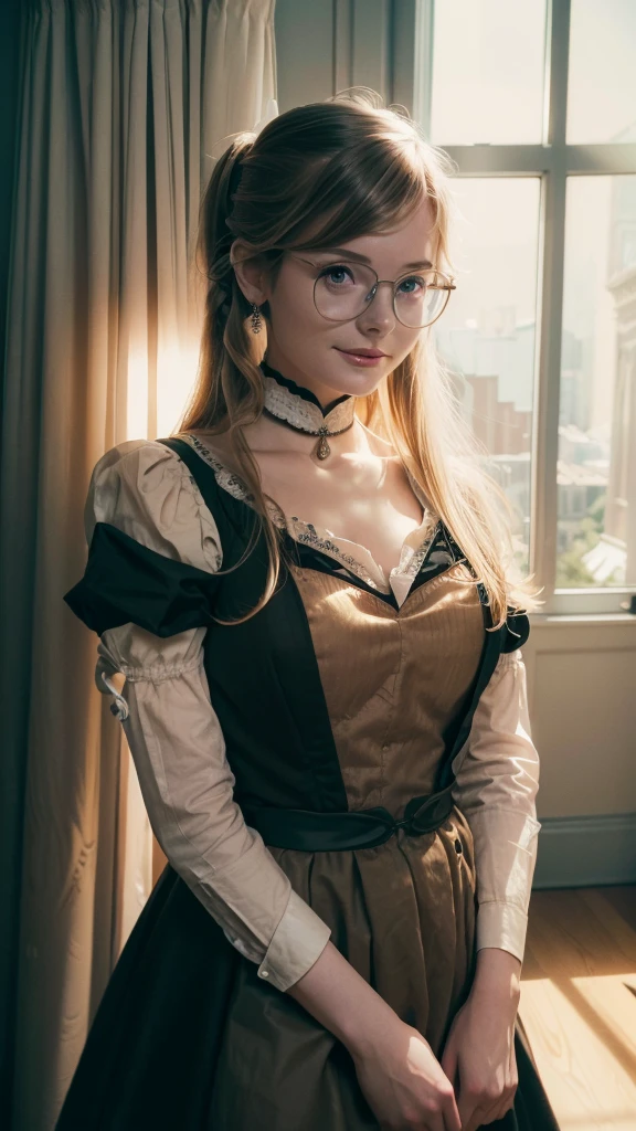 A adult girl in realistic portrait of high quality and detail, Ella Freya (model), Long blonde hair pulled back in a ponytail on her left shoulder. She also has blue eyes and beautiful makeup. She is wearing a black Victorian maid's dress and high-heeled shoes. So she wears round glasses with diopters. big breast, glow, eye shadow, 1girl, Depth & Perspective, smiling on her face, fine face, She stands in the middle of the bedroom, indoors, sunlight from windows, day time, looking at viewer, (ultra-high detail:1.2), Masterpiece, Best Quality, Ultra-detailed, Cinematic lighting, 8K, delicate features, cinematic, 35 mm lens, f/1.9, highlight lighting, global lighting –uplight –v 4, cinematic, Cinematic lighting, 8K, high quality, Highest Quality, (Solo Focus), (extremly intricate:1.3), (Realistic), masterful, Analog style, (Film grain:1.5), (warm hue, cold tone), 