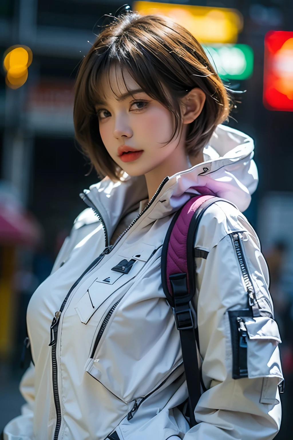 (front view:1.4), close-up portrait, (1girl:1.5), , solo, spacesuit, bangs, brown(short hair:1.2), bag, blurry_background, purple neon light, backpack, zipper, bra, big breast 