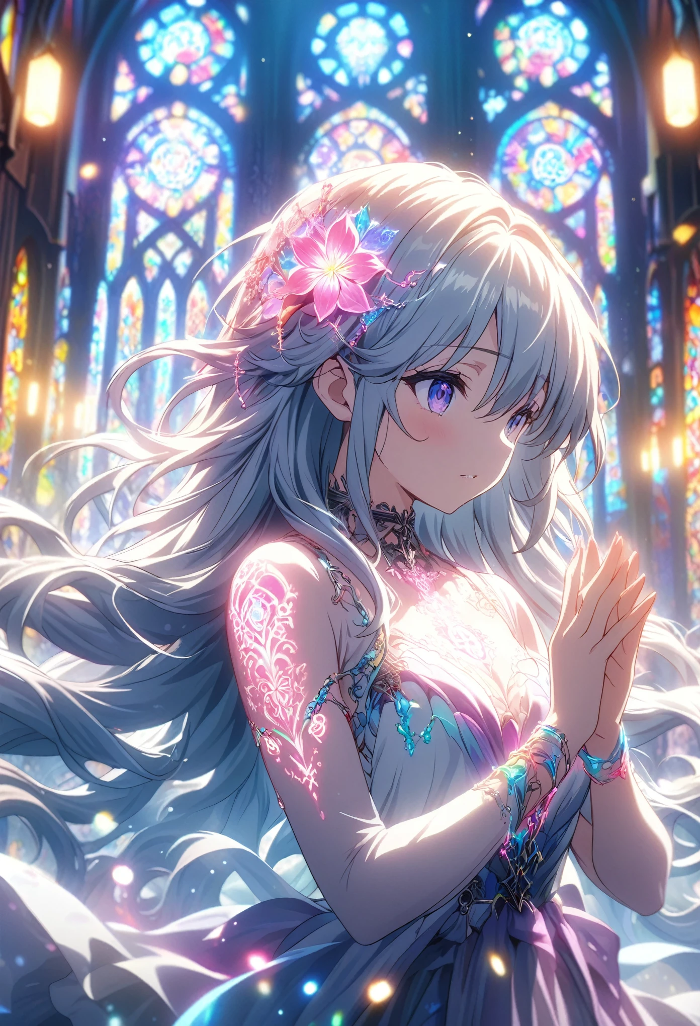 Masterpiece, highest quality, highly detailed CG Unity 8k wallpaper, anime screenshots, female anime character with neon chains. Art of a female anime character with a glowing neon flower tattoo and chains spiraling all over her body. This scene with flowing hair has a nice soft focus effect, highlighting the magical glow of the tattoo. Please take a prayer pose. In the background is a stained glass church. bokeh photography, (soft focus):1.2, out-of-focus highlights, dreamy ambiance, glowing circles, mesmerizing depth, depth of field