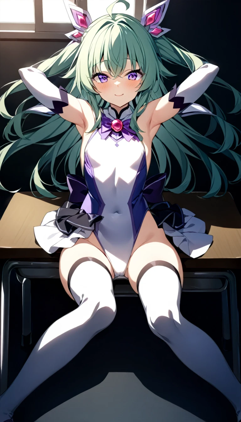 (whole body),masterpiece, Highest quality, High resolution,Aunt Yuan_flora, Magical girl, One Girl, alone, Purple eyes, Green Hair，Long Hair，leotard，Elbow Handbag，Knee-high socks，Cowboy Shot, Sitting,Spread your legs、classroom, mechanical, put your hands on the table, smile, Please show me your armpits, Raise your arms，Light of the sun