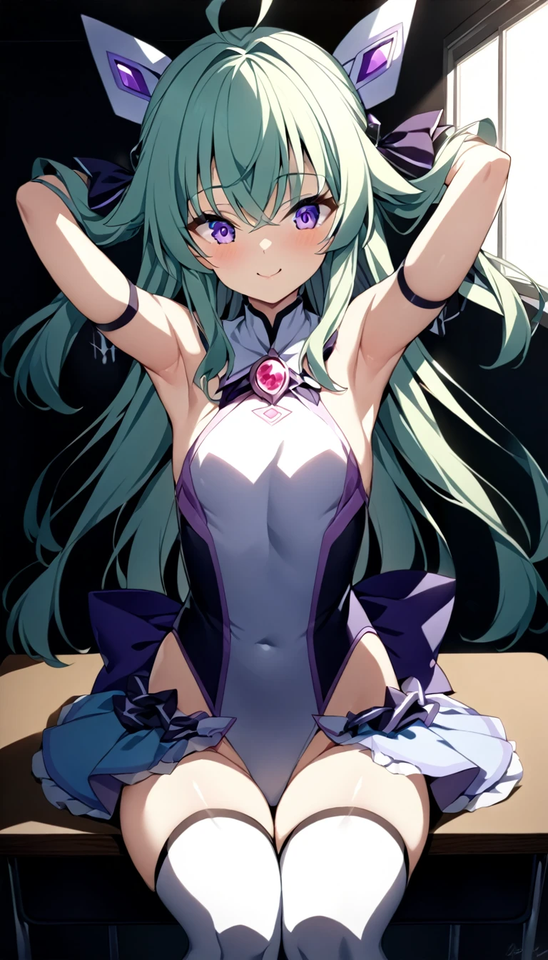 (whole body),masterpiece, Highest quality, High resolution,Aunt Yuan_flora, Magical girl, One Girl, alone, Purple eyes, Green Hair，Long Hair，leotard，Elbow Handbag，Knee-high socks，Cowboy Shot, Sitting,Spread your legs、classroom, mechanical, put your hands on the table, smile, Please show me your armpits, Raise your arms，Light of the sun