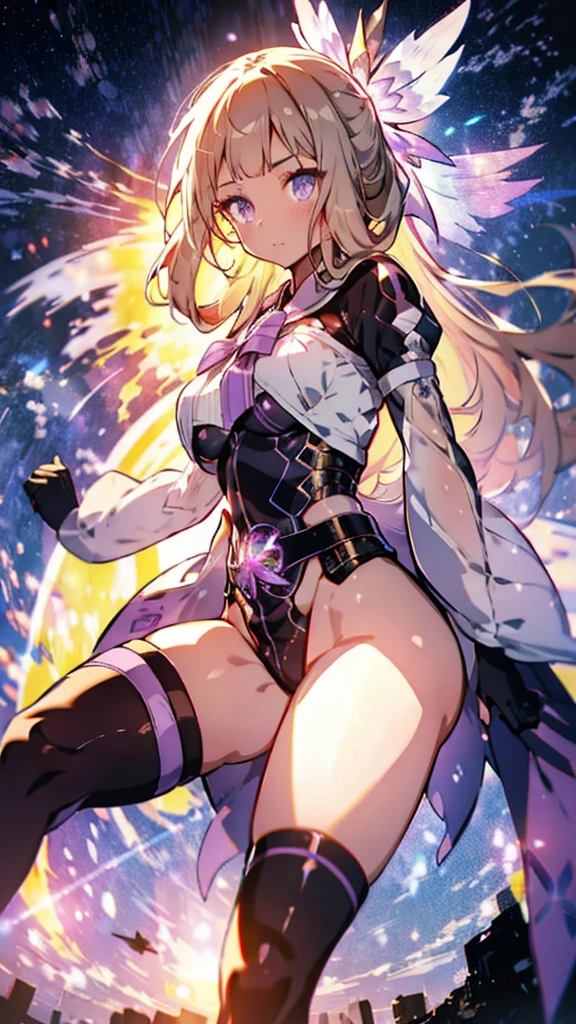 (Extremely detailed CG), (Highest quality),(whole body)， 1 girl,alone, Grey Eyes,Long Hair, blonde,Purple Dress,Wide white sleeves,Purple ribbon,Purple Stockings,hair ornaments,Exposing shoulders,Removed sleeve, Black gloves, Blunt bangs, Magical girl, Perfect Face,  Glowing Skin, Glowing Skin, Wide Hips,Tight waist,Knee-high boots，Elbow Bag,1 girl, Long Hair, Big Breasts，Thick thighs，sunset，Octane，Pose in front，