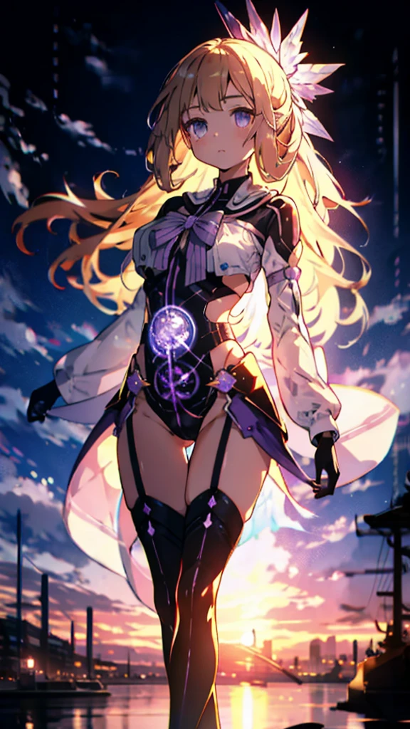 (Extremely detailed CG), (Highest quality),(whole body)， 1 girl,alone, Grey Eyes,Long Hair, blonde,Purple Dress,Wide white sleeves,Purple ribbon,Purple Stockings,hair ornaments,Exposing shoulders,Removed sleeve, Black gloves, Blunt bangs, Magical girl, Perfect Face,  Glowing Skin, Glowing Skin, Wide Hips,Tight waist,Knee-high boots，Elbow Bag,1 girl, Long Hair, Big Breasts，Thick thighs，sunset，Octane，Pose in front，