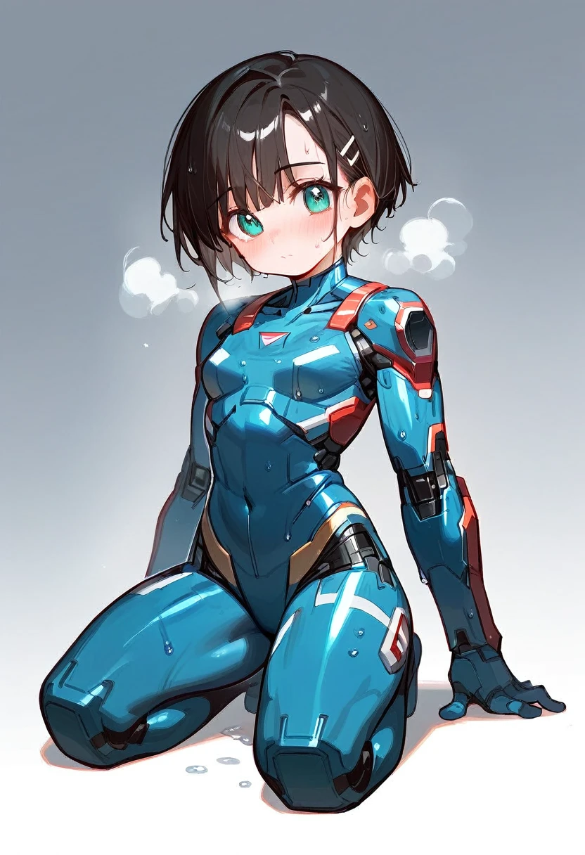 Highest quality　8k Iron Man suit girl　Kindergarten girl　Sweaty face　cute　short hair　boyish　Steam coming from the head　My hair is wet with sweat　Black hair feel　Full body portrait　My upper body is soaked　close your eyes