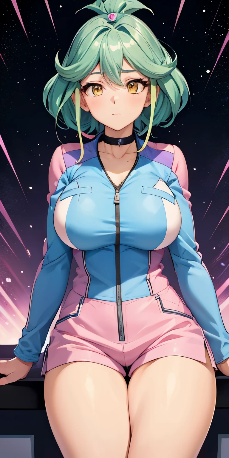 1 Female,High definition,high resolution,Ultra-realistic,8K, rin_arc_v,blue jacket,long sleeves,black choker,pink shorts,white thighs boots, multicolored hair,yellow eyes,European,sexy,Upper body close-up,Photographed from the front,Dynamic Angles,private teacher,blush, huge tits, nipples ,show tits , pretty  ,(pov , closed shot:1.3)