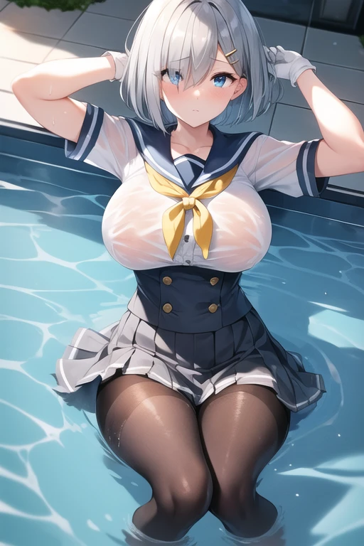 hamakaze, blue eyes, grey hair, hair ornament, hair over one eye, hairclip, short hair, black pantyhose, wet skin, in pool, clothed swimming, wet clothes, buttons, gloves, grey sailor collar, grey skirt, hairclip, neckerchief, pleated skirt, sailor collar, NSFW, explicit, large breasts, skirt, white gloves, yellow neckerchief, highly detailed, (masterpiece), high resolution, 8k, best quality
