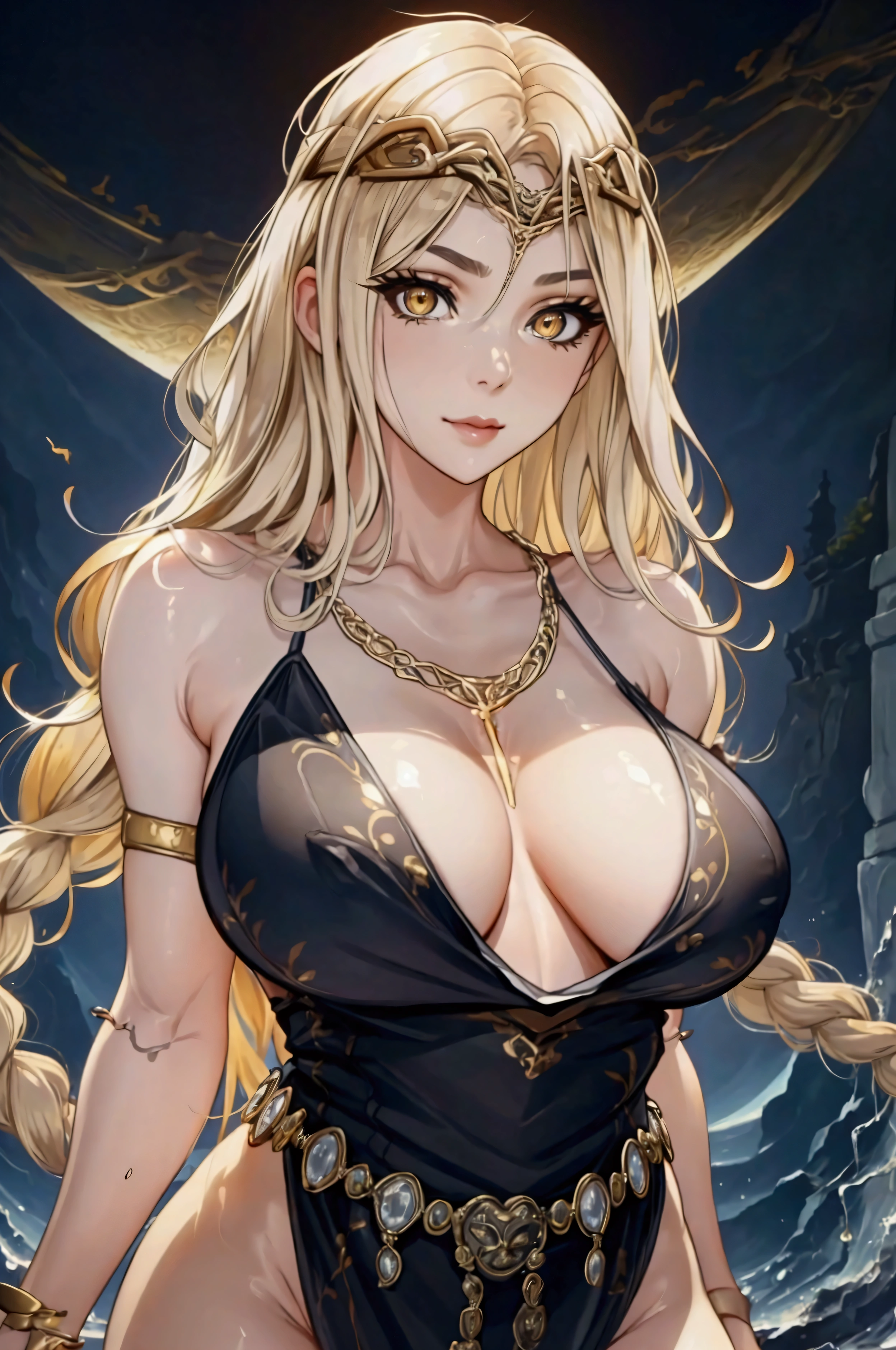 1 woman, Queen Marika, milf, serious smile, standing, in pose, one hand on her waist, hair blonde, long hair, braided hair, golden eyes, perfect eyes, beautiful face, (perfect face:1.3), Ultra-detailed face, (detailed face:1.3), sexy face, sexy woman, jewelry, bracelet, armlet, necklace, dress, bare_shoulders, large_breasts, black_dress, cleavage, solo,gold_chain, huge breasts, massive breasts, wide thighs, big ass, bare feet, upper body, looking at viewer, (outdoor), nature background, Ultra-detailed body, (detailed body:1.3), High quality, Masterpiece, Ethereal,Ultra-Detailed,8K, divine presence, breathtaking beauty, vivid colors reflects, front view