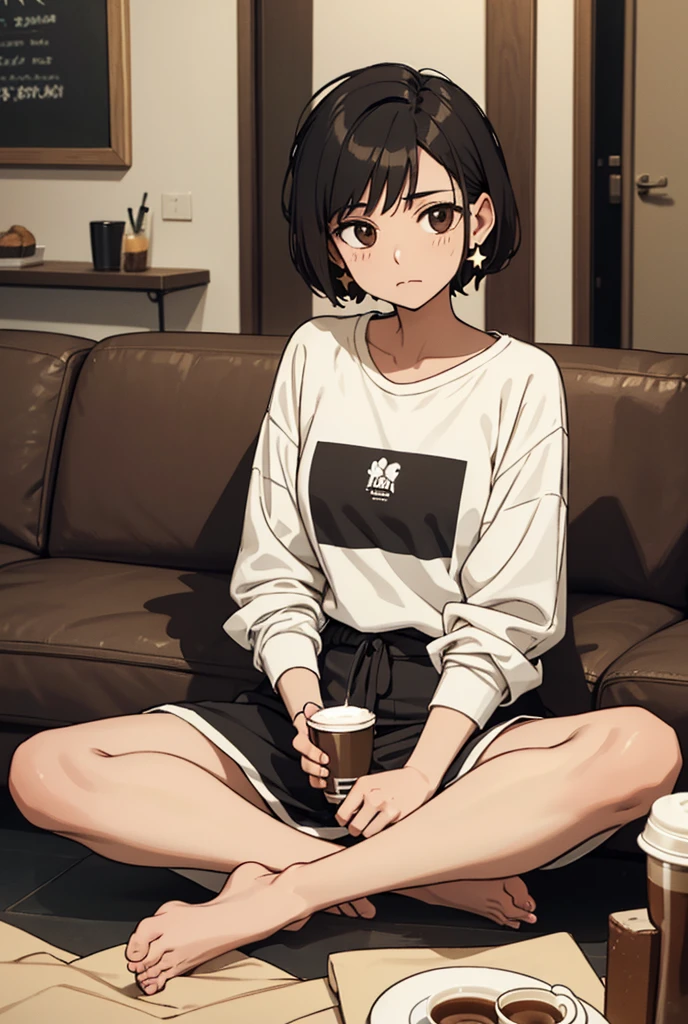 1 Woman alone, sleepy face, Brown eyes, Short black hair without bangs, silver earrings and accessories, wearing black flip-flops with white socks,chemise,beige sweatshirt and sweatpants, illustrative design, coffee theme, pattern of cups and coffee beans, sinuous lines, Star details, brown waist and stripes, Soft material, Relaxed fit, waist cord, casual style, warm atmosphere.