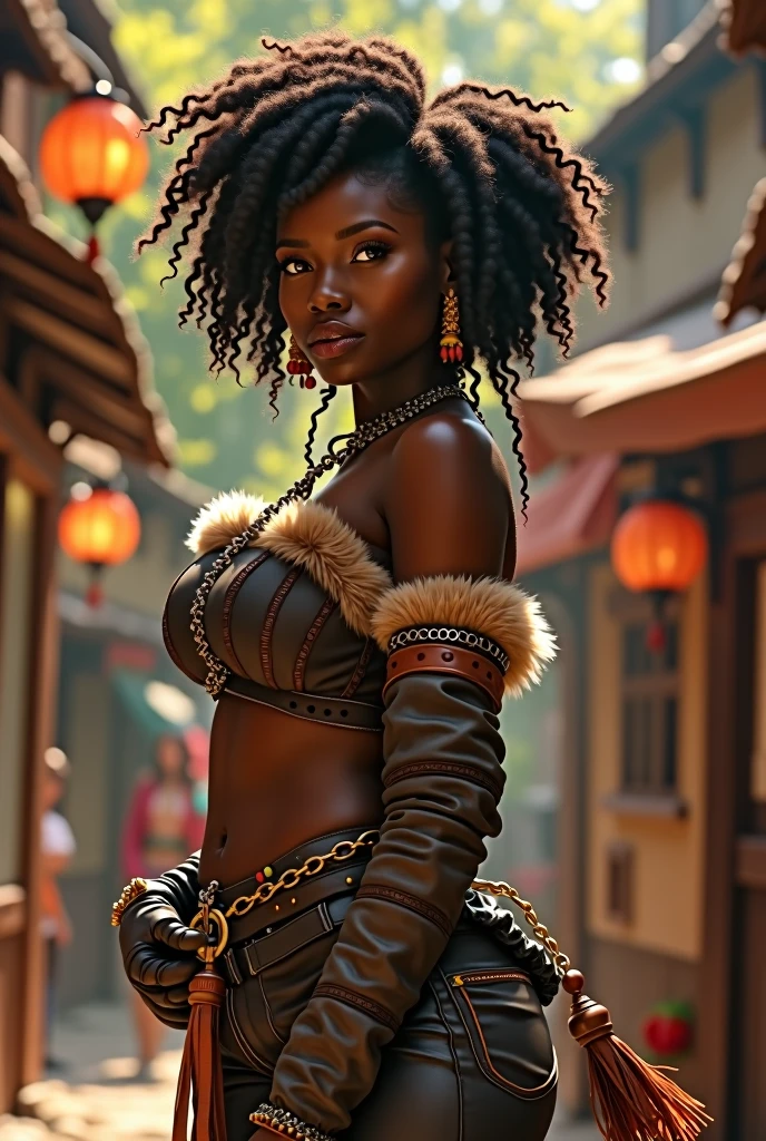 16k resolution, best quality, in the middle of a alien gladiator arena, realistic, cinematic photo realistic, dynamic lighting lightining, cinematic style photo realistic, ultra realistic, gorgeous, the most beautiful black woman of all time, beautiful tall and mature around 28 years old, mature female black woman, amazon queen striking a pose, dark skin, dressed as amazon in leather micro bikini armor, topless, thick lips, wide hips, slim waist, thick thighs, desproportionate gigantic soft breasts, natural muscular body, fit body, beautiful happy face with a affectionate look and cheerful smile, alone, close up, portrait, standing, upper body, looking at the Viewer with love happiness towards the viewer wanting to protect you, she loves you, she will fight for you