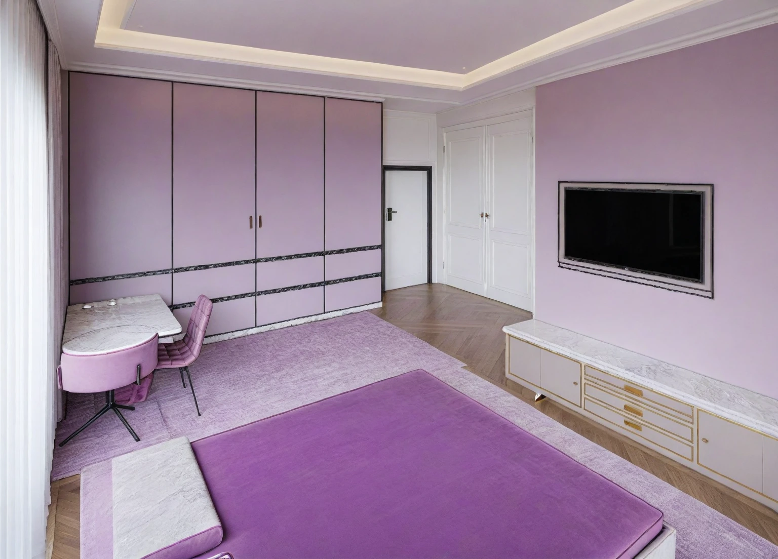 Neoclassical (BED room : 1.3 )  interior, white tone, wooden floor, gray carpet, ceiling light, light purple sofa and flower, picture, white curtain on the left, (picture:1.1), marble wall, many moldings, wall lamp,window, natural light