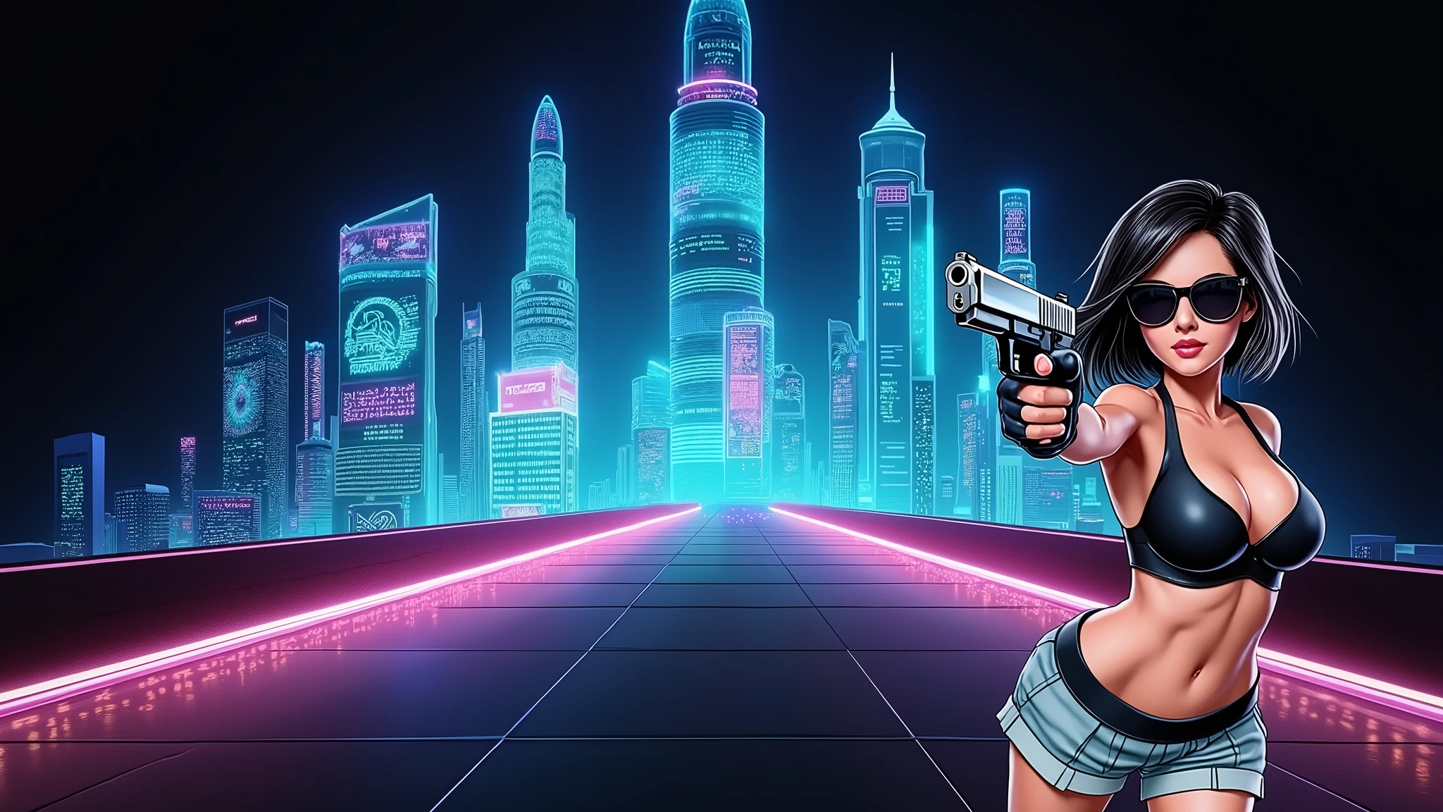 Matrix inspired futuristic cityscapes with colorful all-glass outlined towering skyscrapers with lightning, flying vehicle. High-resolution OLED GUI interfaces in the building, The windows are filled with transparent data visualization infographics that show it all, close-up green glowing cascading code. Colors are saturated and vibrant. At night, (1girl, solo, alone), photorealistic, large-breast slim:0.6 body, oval:0.5 face, cleavage:1.1, very low angle view of pleated miniskirt, deep-v, (upskirt), glove, (Matrix style black micro sunglasses), (aiming viewer with a short gun), dynamic running pose, ((half-body thigh level close-up shot)), cinematic lighting, ray tracing, motion blur background.