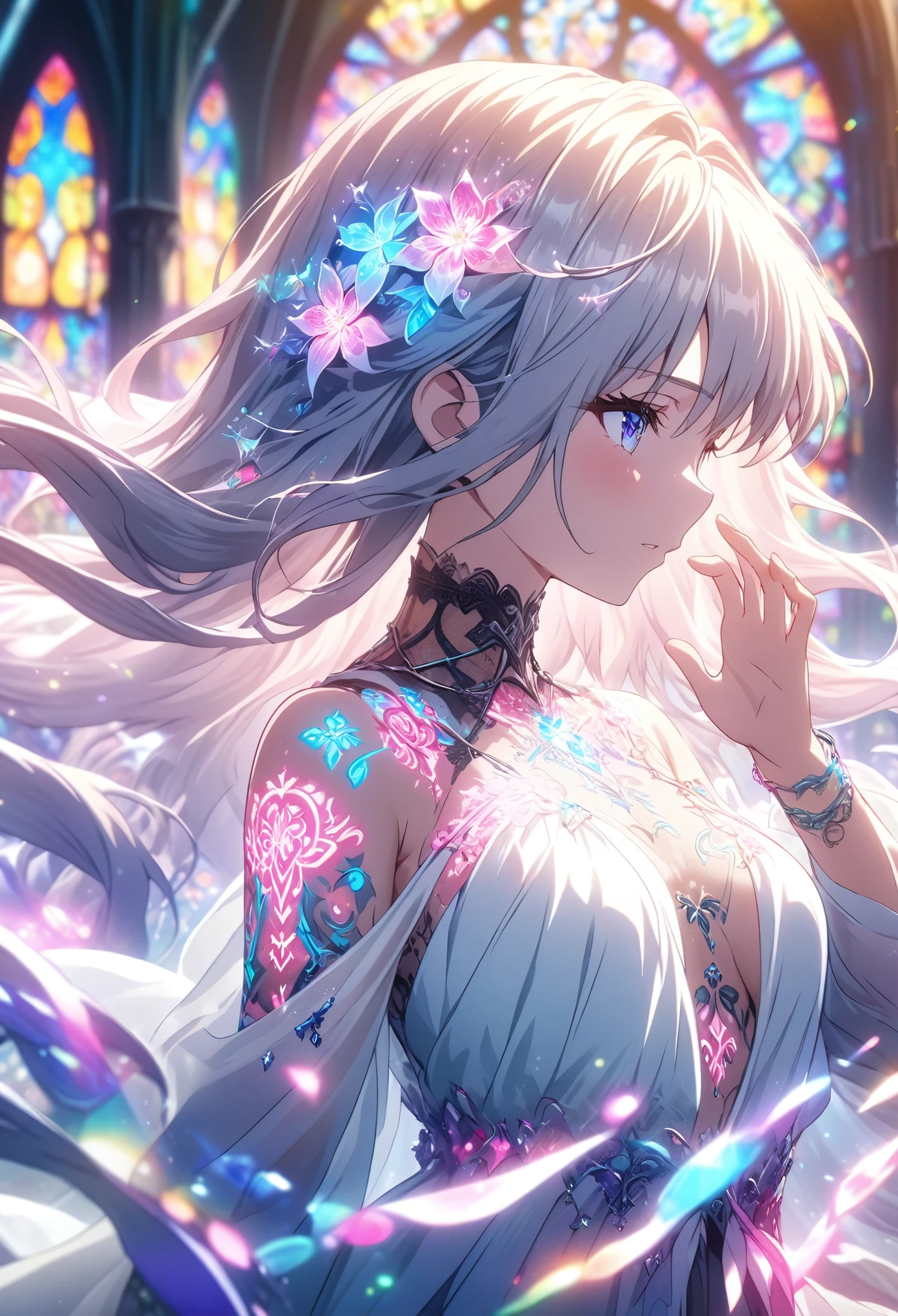 Masterpiece, highest quality, highly detailed CG Unity 8k wallpaper, anime screenshots, female anime character with neon chains. Art of a female anime character with a glowing neon flower tattoo and chains spiraling all over her body. This scene with flowing hair has a nice soft focus effect, highlighting the magical glow of the tattoo. Please take a prayer pose. In the background is a stained glass church. bokeh photography, (soft focus):1.2, out-of-focus highlights, dreamy ambiance, glowing circles, mesmerizing depth, depth of field