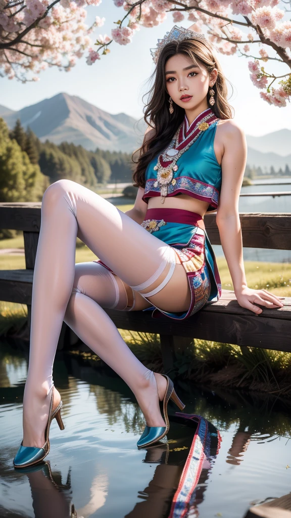 Camel toe，(background：There are many cherry blossoms on the mountain，There are mountains and fog)(whole body:1.5)，(1 Hmong girl:1.3),(Viewer:1.4)，(Anatomically correct:1.4),(Completely transparent pantyhose:1.3),(Sitting on the top of a mountain:1.2),(Wearing Southwestern ethnic minority costumes:1.2),,( pointed toe chunky high heels :1.1),(precise、Perfect face shape:1.3),(Open your legs，Long legs:1.3),Wearing the hair accessories of the southwestern ethnic minorities，spread, Spread your legs，See Camel toe，Ultra high quality, Light线追踪, reflected Light， Correct structure, The award-winning, High Detail, Lighten the shadow contrast, facial Lighting ，Light, masterpiece, Super Detail, high quality, High Detail, best quality, 16K，High contrast,