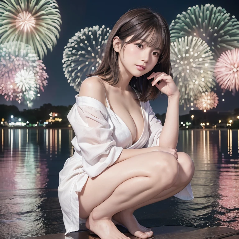 (masterpiece、High resolution、high quality)、Beautiful Japanese Girls:1.3,18-year-old high school student、Immature body、Beautiful body、Japanese Yukata、Soar、night、Laughter、Clear Eyes、Beautiful Skin、Yukata beauty、White hydrangea pattern yukata、 body、Her breasts are exposed from her yukata、とてもSmall breasts、Small breasts、Small cherry-colored areola、Erect nipples、Cool Summer、nightの夏祭り、Fireworks display、Professional photography、