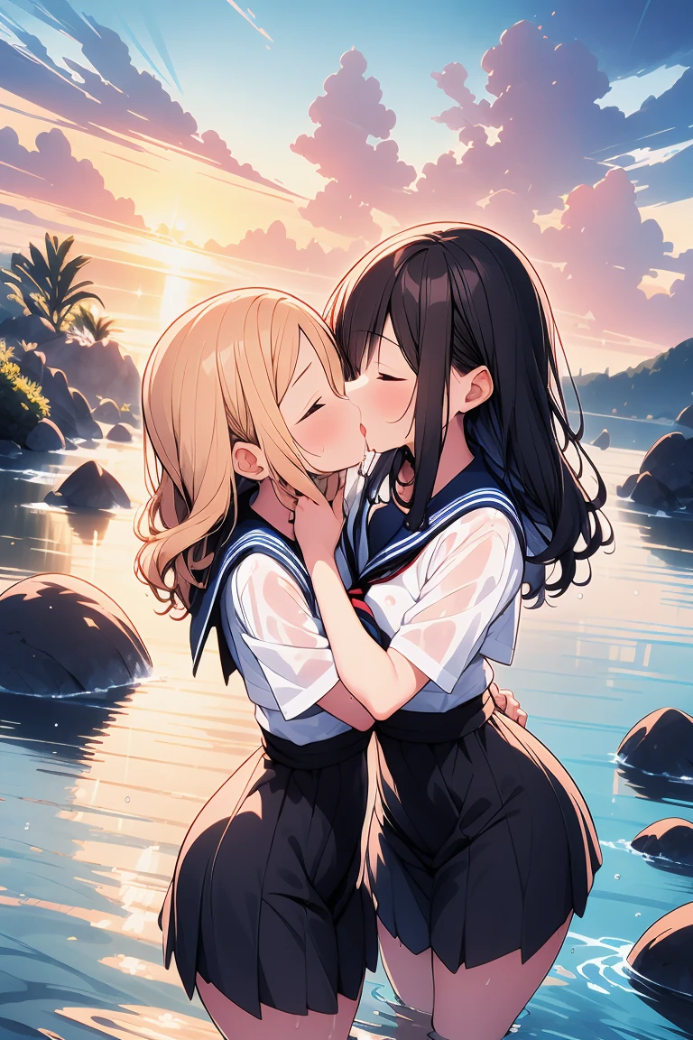 Two girls, Embrace each other, Kissing, Kiss each other, Close your eyes, Ocean, Wavy, Sailor suit, ribbon, Gothic Skirt, navy blue, Long skirt, My clothes are shining when wet, Lots of water all over the body, splash, Submersion, Lots of water, Lots of water滴, 腰までSubmersion, (drowning)