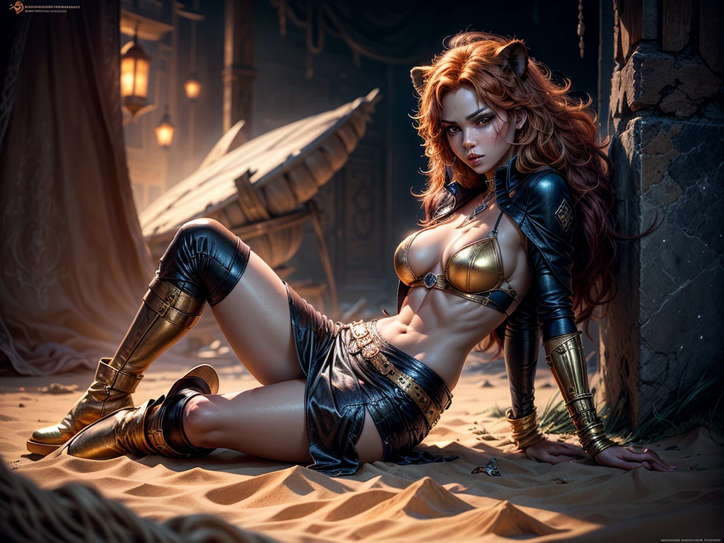 In the tawern of eastern fantasy town sitting beatiful lion female , she seductive body colour of sand beatiful face features , golden eyes, seductive make up , dark orange hair with pink highlights, she dressed in leather topic with a long golden skirt with cut on the right side . hight leather boots and colden brasletes on her hands, (ultra high quality fantasy art, dark fantasy style, masterpiece, ultra high quality character design, 8k quality anime art, realistic anime art, top quality wallpaper illustration, detailed ultra high quality accurate face, high quality design and accurate physic)