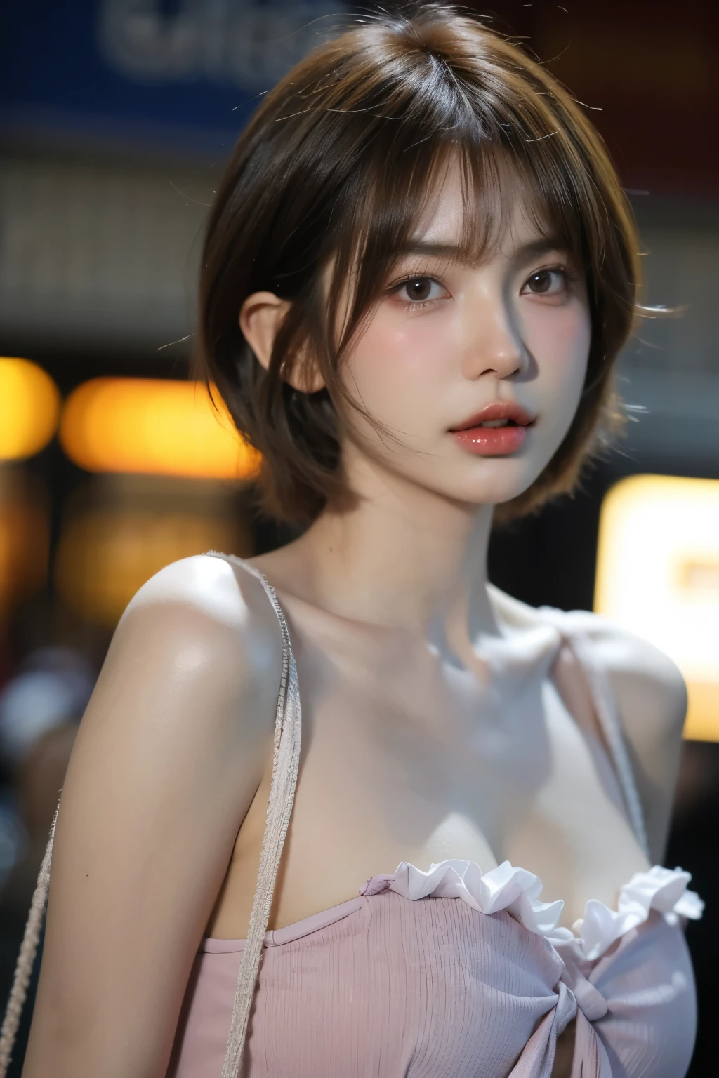 (front view:1.4), close-up portrait, (1girl:1.5), , solo, bangs, brown(short hair:1.2), bag, blurry_background, purple neon light, lolita, big breast ,nsfw