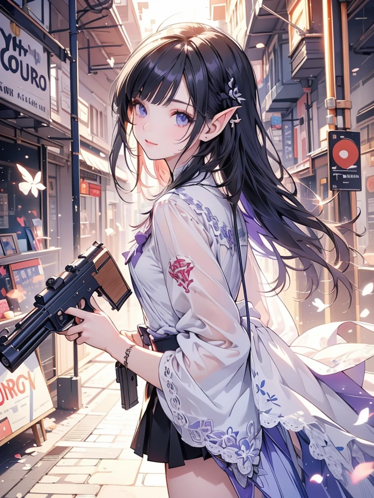 masterpiece, best quality, 1girl, ultra detailed, ultra highres, well-definded facial features, anatomically correct, cute girl, long pointy ears, elf, nice face, black hair, puple eyes, gunslinger, holding up gun, American propaganda poster,