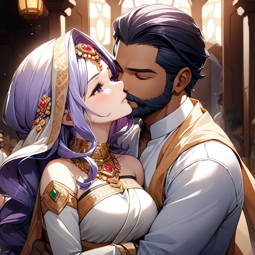 ((Highest quality)), ((masterpiece)), (detailed), （Perfect Face）、The woman has light purple hair in Extia Magica、The woman is wearing the traditional Indian dress, a sari.、The woman is embracing and kissing a middle-aged Indian man with a beard in their wedding ceremony.