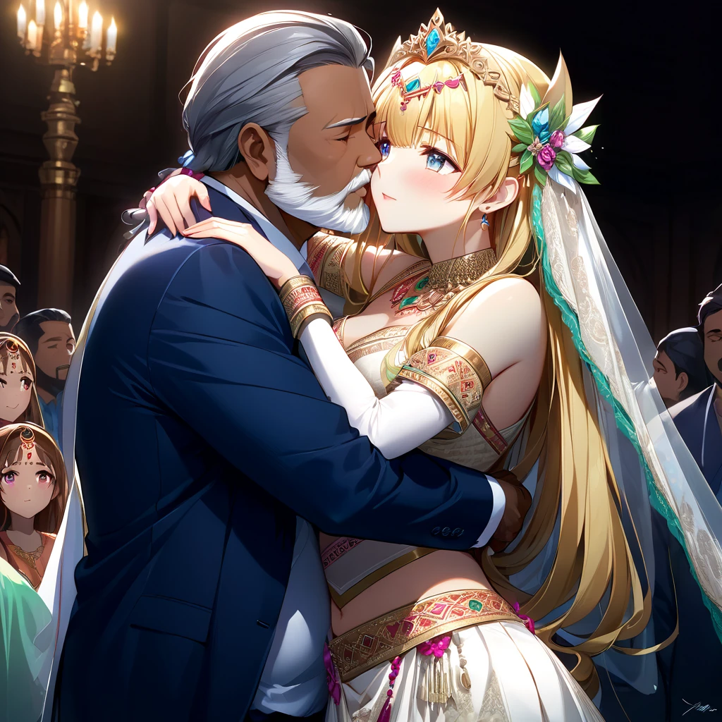 ((Highest quality)), ((masterpiece)), (detailed), （Perfect Face）、The woman is Extia Spica、The woman is wearing the traditional Indian dress, a sari.、The woman is embracing and kissing a middle-aged Indian man with a beard in their wedding ceremony.