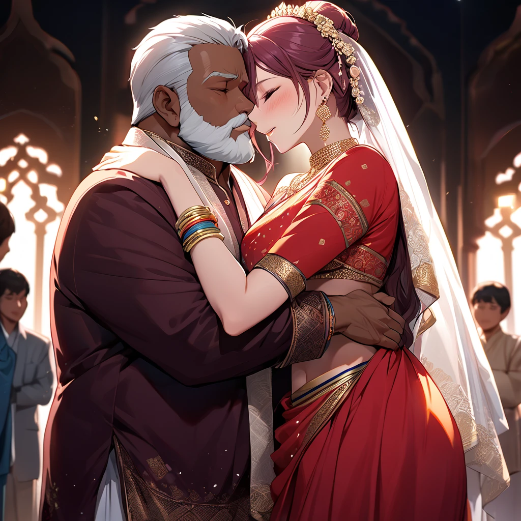 ((Highest quality)), ((masterpiece)), (detailed), （Perfect Face）The woman is Lunamaria、The woman is wearing the traditional Indian dress, a sari.、The woman is embracing and kissing a middle-aged Indian man with a beard in their wedding ceremony.